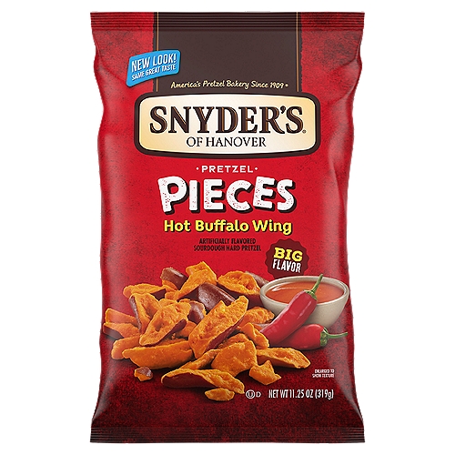 Snyder's of Hanover Hot Buffalo Wing Pretzel Pieces, 11.25 oz
Snyder's of Hanover Hot Buffalo Wing Pretzel Pieces are bursting with big flavor! Enjoy crunchy sourdough pretzels generously seasoned with the spiciness of hot sauce, cayenne pepper, and paprika. You'll love the crunch, hearty satisfaction, and craveable bold flavor found in every bite of these Snyder's Pretzel Pieces. These crunchy pretzel pieces are a perfect snack for tailgates, parties, or movie night. Snyder's of Hanover has been America's Pretzel Bakery since 1909 and our pretzels give you that delicious crunch for the perfect snack! Made in a facility that does not process peanuts, Snyder's pretzels are made from wholesome ingredients, kneaded, and oven-baked to seal in all the flavor. Snyder's of Hanover pretzels have been shared across tables, across generations and across the country, making us America's favorite pretzel brand.