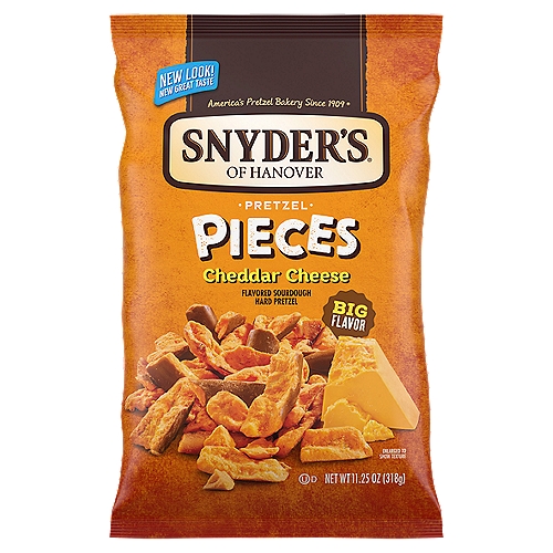 Snyder's of Hanover Cheddar Cheese Pretzel Pieces, 11.25 oz
Snyder's of Hanover Cheddar Cheese Pretzel Pieces are bursting with big flavor! Enjoy crunchy sourdough pretzels generously seasoned with cheesy sharp cheddar flavor. You'll love the crunch, hearty satisfaction and bold flavor found in every bite of these Snyder's Pretzel Pieces. You'll love these crunchy pretzel pieces as a lunch snack or while watching your favorite sports game. Snyder's of Hanover has been America's Pretzel Bakery since 1909 and our pretzels give you that delicious crunch for the perfect snack! Made in a facility that does not process peanuts, Snyder's pretzels are made from wholesome ingredients, kneaded, and oven-baked to seal in all the flavor. Snyder's of Hanover pretzels have been shared across tables, across generations and across the country, making us America's favorite pretzel brand.
