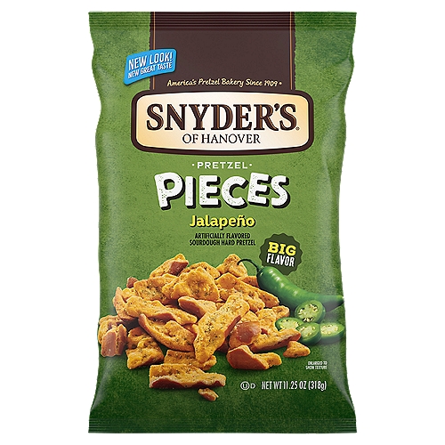 Snyder's of Hanover Pretzel Pieces, Jalapeno, 11.25 Oz
Snyder's of Hanover Jalapeno Pretzel Pieces are bursting with big flavor! Enjoy crunchy sourdough pretzels generously seasoned with authentically spicy jalapeno peppers. You'll love the crunch, hearty satisfaction and bold flavor found in every bite of these Snyder's Pretzel Pieces.

Artificially Flavored Sourdough Hard Pretzel