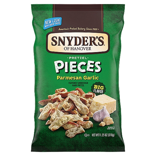 Snyder's of Hanover Parmesan Garlic Pretzel Pieces, 11.25 oz
Snyder's of Hanover Pretzel Pieces are Sourdough Hard Pretzels baked to perfection then broken into generous chunks and coated with Parmesan Garlic Seasoning. They are bursting with intense parmesan cheese and garlic flavor and have a delicious crunch for the perfect snack. A flavorful alternative to potato chips with 0g trans fat, no MSG, and made in a facility that does not process peanuts. Snyder's of Hanover has been America's Pretzel Bakery since 1909 and our pretzels give you that delicious crunch for the perfect snack! Snyder's of Hanover pretzels are made from wholesome ingredients, kneaded, and oven-baked to seal in all the flavor. These pretzels have been shared across tables, across generations and across the country, making us America's favorite pretzel brand.
