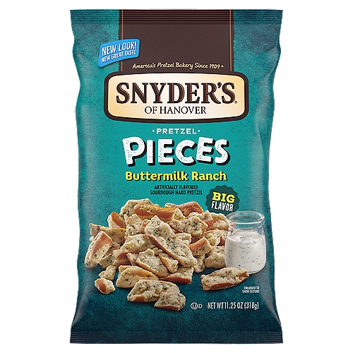 Snyder's of Hanover Buttermilk Ranch Pretzel Pieces, 11.25 oz
Snyder's of Hanover has been America's Pretzel Bakery since 1909 and our pretzels give you that delicious crunch for the perfect snack! Made in a facility that does not process peanuts, Snyder's pretzels are made from wholesome ingredients, kneaded, and oven-baked to seal in all the flavor. Snyder's of Hanover pretzels have been shared across tables, across generations and across the country, making us America's favorite pretzel brand.Snyder's of Hanover Buttermilk Ranch Pretzel Pieces are bursting with big flavor! Enjoy crunchy sourdough pretzels generously seasoned with zesty ranch flavors and a creamy buttermilk finish. You'll love the crunch, hearty satisfaction and bold flavor found in every bite of these Snyder's Pretzel Pieces. Snyder's of Hanover has been America's Pretzel Bakery since 1909 and our pretzels give you that delicious crunch for the perfect snack! Made in a facility that does not process peanuts, Snyder's pretzels are made from wholesome ingredients, kneaded, and oven-baked to seal in all the flavor. Snyder's of Hanover pretzels have been shared across tables, across generations and across the country, making us America's favorite pretzel brand.
