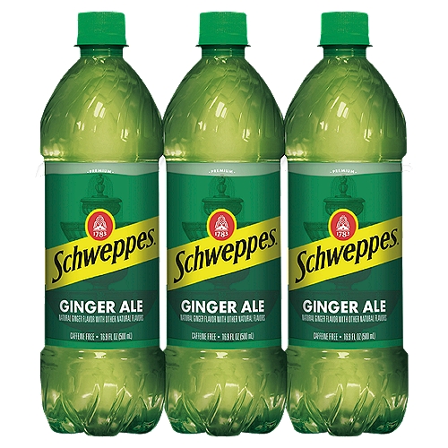 Schweppes Premium Ginger Ale, 6 count, 16.9 fl oz
Enjoy the refreshing taste of Schweppes Ginger Ale. With a bold, refreshing taste of ginger ale, its crisp and bubbly flavor makes for the perfect carbonated beverage you can reach for to satisfy your thirst. So, whether you're looking for a quick recharge during the day or winding down at night, caffeine-free Schweppes Ginger Ale always hits the spot. Starting way back in 1870, Schweppes Ginger Ale carries on the tradition established by Jacob Schweppe in 1783. Perfect as a mixer for favorites such as the Moscow Mule and Bulldog to new classics like the Amaretto Kick and the Ginger Snap, there's no end to the possible delicious cocktail mixing opportunities. However, Schweppes Ginger Ale can easily be enjoyed on its own when you're in the mood for a smooth, delicious drink. With a delicious taste and dependable, crowd-pleasing versatility, there's nothing quite like a Schweppes Ginger Ale to relax, recharge or refresh!