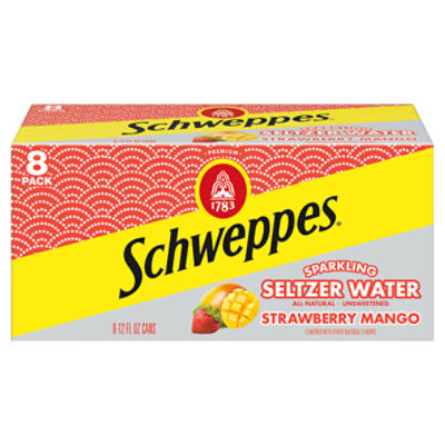 Schweppes Strawberry Mango Sparkling Seltzer Water, 12 fl oz cans, 8 pack