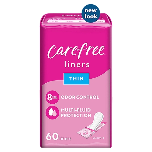 Carefree Acti-Fresh Perfectly Thin Unscented Daily Liners, 60 count
Unscented*
*Contains odor control ingredient

Carefree Acti-Fresh Body Shaped Panty Liners, Flexible Protection that Molds to Your Body, Regular, 60 Count

Carefree Acti-Fresh Body Shape Panty Liners are designed to deliver daily protection that comfortably stays in place so you don't have to. These thin liners feature a quilted design that minimizes bunching and twisting and a Qwik-Dry core that wicks away moisture to keep you feeling clean. Use Carefree Acti-Fresh liners as a part of your everyday feminine hygiene routine to protect against light leaks, unexpected periods and everything in between.
