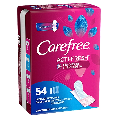 Carefree Acti-Fresh Thin Panty Liners, Soft and Flexible Feminine Care Protection, Regular, 54 Count
Unscented*
*Contains odor control ingredient

Carefree Acti-Fresh Panty Liners are designed to deliver daily protection that comfortably stays in place so you don't have to. These thin liners feature a quilted design that minimizes bunching and twisting and a Qwik-Dry core that wicks away moisture to keep you feeling clean. Use Carefree Acti-Fresh liners as a part of your everyday feminine hygiene routine or travel with a folded to-go liner to stay protected against light leaks, unexpected periods and everything in between.