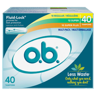 o.b. Applicator Free Multipack Tampons 18 Regular, 12 Super And 10 Super Plus Absorbency 40 Count