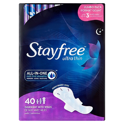 Stayfree Ultra Thin Overnight with Wings Pads Jumbo Pack, 40 count
Over 3 month supply*
*Based on average U.S. consumer usage.