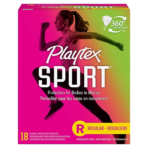 Playtex Sport Plastic Tampons Unscented Regular Absorbency - 18 Count
360° Sport Level Protection®™
Designed to fit your body and its every move. A protective leakage barrier so you can Play On®!

Flex Fit™
Flexible interlocking fibers work quickly to trap leaks

Leak Defense™
Anti-leak back up layer for extra protection

Contoured Tip & No-Slip Grip™ Applicator
For comfortable, precise placement

Only Playtex® has a 360°™ design and FlexFit™ technology that moves the way you move. These are great tampons for swimming, biking, running or whatever your activity of choice is. Playtex Sport Tampons Unscented feature 360 SPORT LEVEL PROTECTION tampon designed to fit your body and its every move for a protective leakage barrier. With unique FLEXFIT interlocking FIBERS Playtex Sport tampons work quickly to TRAP LEAKS. The contoured applicator allows for COMFORTABLE, precise placement. Playtex Sport Tampons - PLAYON!