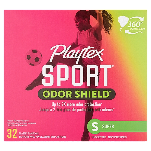 Playtex Sport Odor Shield Super Absorbency Unscented Plastic Tampons, 32 count
360° Sport Level Protection®™

Designed to fit your body and its every move. A protective leakage barrier so you can Play On®!

Flex Fit™
Flexible interlocking fibers work quickly to trap leaks

Leak Defense™
Anti-leak back up layer for extra protection

Odor Shield™
Up to 2x more odor fighting protection vs. Playtex® Sport®

Contoured Tip & No-Slip Grip™ Applicator
For comfortable, precise placement