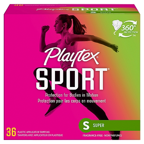 Playtex Sport Super Plastic Applicator Tampons, 36 count
360° Sport Level Protection®™

Designed to fit your body and its every move. A protective leakage barrier so you can Play On®!

Flex Fit™
Flexible interlocking fibers work quickly to trap leaks

Leak Defense™
Anti-leak back up layer for extra protection

Contoured Tip & No-Slip Grip™ Applicator
For comfortable, precise placement