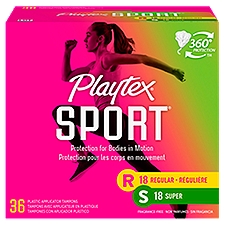 Playtex Sport Regular/Super Absorbency, Plastic Applicator Tampons, 36 Each