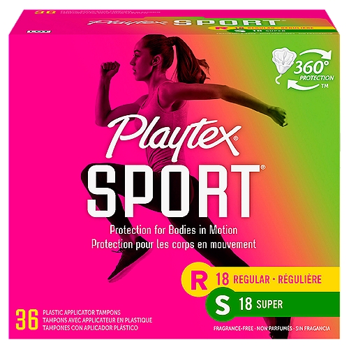 Playtex Sport Regular/Super Absorbency Plastic Applicator Tampons, 36 count
360° Sport Level Protection®™

Designed to fit your body and its every move. A protective leakage barrier so you can Play On®!

Flex Fit™
Flexible interlocking fibers work quickly to trap leaks

Leak Defense™
Anti-leak back up layer for extra protection

Contoured Tip & No-Slip Grip™ Applicator
For comfortable, precise placement

Playtex Sport Plastic Tampons Unscented Multi-Pack 18 Regular Absorbency And 18 Super Absorbency - 36 Count

Only Playtex® has a 360°™ design and FlexFit™ technology that moves the way you move. These are great tampons for swimming, biking, running or whatever your activity of choice is. Playtex Sport Tampons Unscented feature 360 SPORT LEVEL PROTECTION tampon designed to fit your body and its every move for a protective leakage barrier. With unique FLEXFIT interlocking FIBERS Playtex Sport tampons work quickly to TRAP LEAKS. The contoured applicator allows for COMFORTABLE, precise placement. Playtex Sport Tampons - PLAYON!