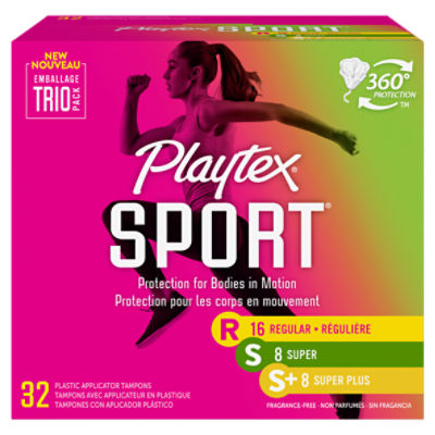 Playtex Sport Plastic Tampons Unscented Multi-Pack 16 Regular, 8 Super & 8 Super+ - 32 Count