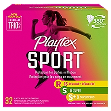 Playtex Sport Plastic Tampons Unscented Multi-Pack 16 Regular, 8 Super & 8 Super+ - 32 Count