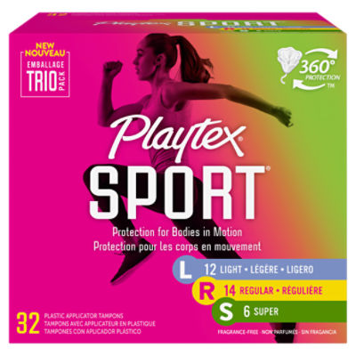 Playtex Sport Plastic Tampons Unscented Multi-Pack 12 Light, 14 Regular & 6 Super, 32ct