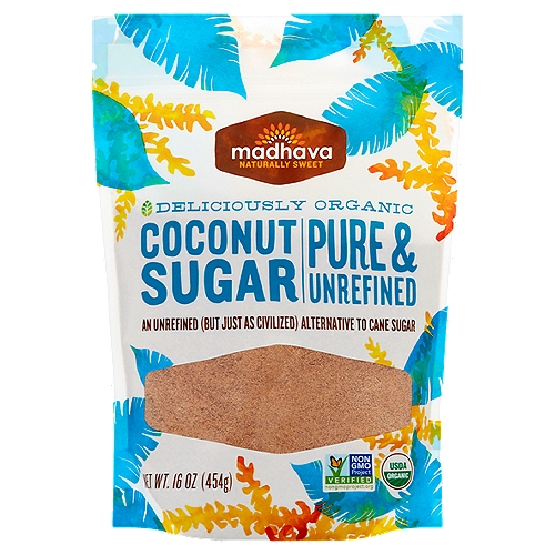 Madhava Pure & Unrefined Coconut Sugar, 16 oz
Behold The Beauty Of The Coconut Blossom

Coconuts seem to get all the attention, but look beyond the flashy fruit and you'll find the coconut palm tree bears another delicious gem. Enter the coconut blossom, the source of our delicious, organic and non-GMO coconut sugar.

Surprisingly, it doesn't taste a bit like the fruit of the coconut. Organic coconut sugar has its own subtle taste, making it a perfect 1:1 replacement for refined sugar. You can enjoy it in all of your favorite things from baking to smoothies, coffee, tea and more. Organic coconut sugar includes naturally occurring nutrients magnesium, potassium, zinc, iron, B vitamins and amino acids. What more could you want from a sweetener?

We're happy to report that it's sustainably grown and harvested. The coconut palm tree produces 50% to 75% more sugar per acre than cane sugar, while only using 20% of the resources. A delicious gift that keeps on growing. Sweet!

This sweet lil' sugar is made using an artisanal process. Slight variations in color and taste may occur.