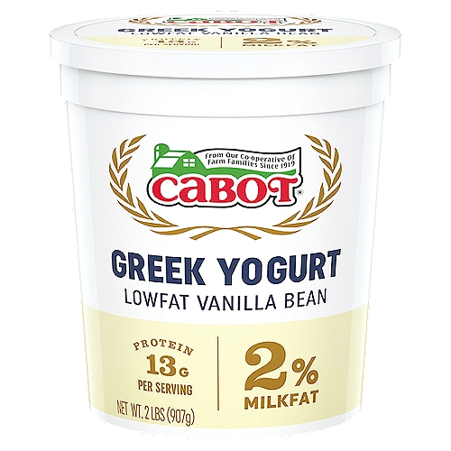 Cabot Creamery Cabot Greek Vanilla Bean Lowfat Yogurt, 2 lbs
18 grams of protein*
*per serving

No artificial growth hormone*
*The FDA has stated that there is no significant difference between milk from rbst-treated and untreated cows.