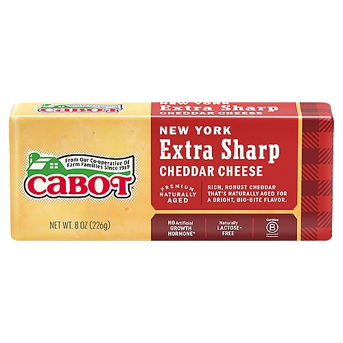 Cabot New York Extra Sharp Yellow, 8 oz
Rich, Robust Cheddar that's Naturally Aged for a Bright, Big-Bite Flavor.

No Artificial Growth Hormone*
*The FDA has stated that there is no significant difference between milk from rBST treated and untreated cows.