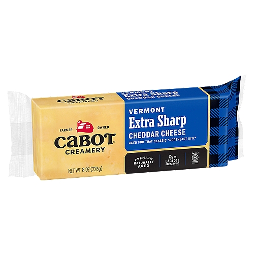 Cabot Extra Sharp Yellow Cheddar Cheese, 8 oz
A Creamy, Consistent Cheddar Long-Aged for That Classic ''Northeast Bite.''

No Artificial Growth Hormone*
*The FDA has stated that there is no significant difference between milk from rBST treated and untreated cows.