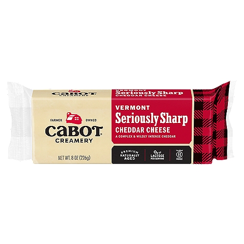 Cabot Seriously Sharp Cheddar Cheese, 8 oz
Complex, Wildly Intense Flavors Make for the Most Memorable of Cheddars.

No artificial Growth Hormone*
*The FDA has stated that there is no significant difference between milk from rBST treated and untreated cows.