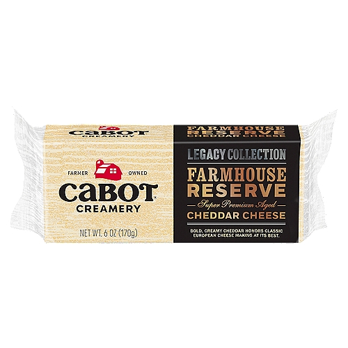 Cabot Farmhouse Reserve Cheddar Cheese, 6 oz
Bold, Creamy Cheddar Honors Classic European Cheese Making at Its Best.

Contented Cows Make the Best Milk, Which Makes the Best Cheese and Dairy Products. 