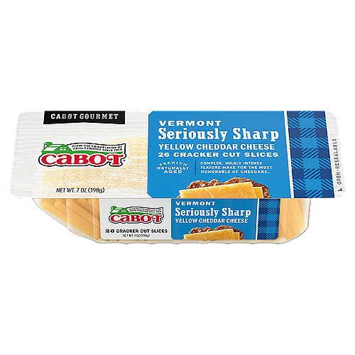 Cabot Seriously Sharp Yellow Cheddar Cheese Cracker Cuts, 7 oz
Complex, Wildly Intense Flavors Make for the Most Memorable of Cheddars.

No artificial Growth Hormone*
* The FDA has stated that there is no significant difference between milk from rBST treated and untreated cows.