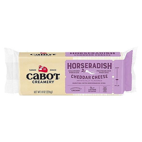 Cabot Horseradish Cheddar Cheese, 8 oz
Luscious, Creamy Cheddar Bursts with the Potent Zing of Horseradish.

No artificial Growth Hormone*
*The FDA has stated that there is no significant difference between milk from rBST treated and untreated cows.