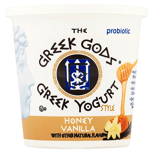 The Greek Gods Honey Vanilla Greek Yogurt Style, 24 oz
Contains live and active cultures (B. lactis, L. acidophilus, L. bulgaricus, L. casei, L. rhamnosus, Lactobacillus lactis, S. thermophilus)

From cows not treated with rBST.**
**No significant difference has been shown between milk derived from rBST treated and non-rBST treated cows.

Experience the Myth® with every container of The Greek Gods® Greek-Style Yogurt, or in Greece known as ''Yiaourti''. Indulge in the full-bodied, rich and creamy texture with every spoonful. Inspired by traditional flavors, our yogurts deliver a taste sensation sure to please. Enjoy any time of day on its own or in your favorite recipe. Perfect as an alternative for ice cream, sweet or sour cream, and exceptionally delicious in smoothies.