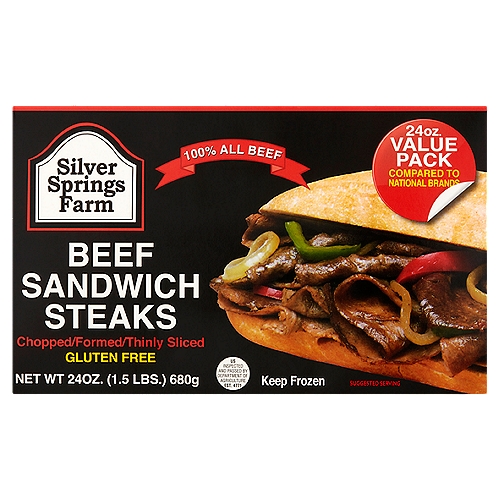 Silver Springs Farm Beef Sandwich Steaks Value Pack, 24 oz
24oz. value pack compared to national brands

Silver Springs Farm Sandwich Steaks are thinly sliced 100% beef steaks portioned for easy use at homes. Yes, you can enjoy a true Philadelphia Style Sandwich Steak at home within seconds. Just follow the easy-to-use cooking instructions and recipe ideas or be creative and discover new meals using Silver Springs Farm Steaks.