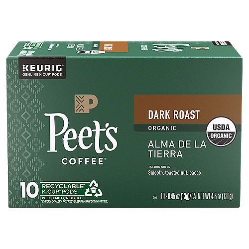 Peet's Coffee Organic Alma de la Tierra Dark Roast Coffee K-Cup Pods, 0.45 oz, 10 count
Alma De La Tierra
Spanish for Soul of the Earth, the ''soul of this coffee is found in the high-altitude regions of Latin America, where we work with the finest organic farms from guatemala to Colombia.