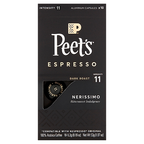 Peet's Dark Roast Nerissimo Espresso Coffee, 0.19 oz, 10 count
100% Arabica Coffee

Black as night, sweet as a brûlée topping, our Nerissimo is espresso's deliciously biting answer to those who say you can't have dessert all day. With milk or cream, bellissimo.