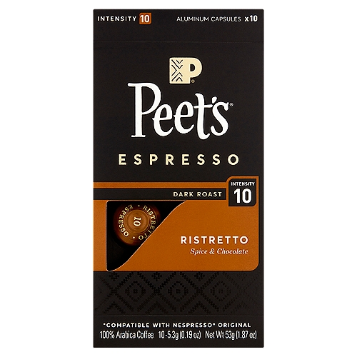 Peet's Dark Roast Ristretto Espresso Coffee, 0.19 oz, 10 count
100% Arabica Coffee

Like a concentrated ''short pull'' espresso made by one of our baristas, Ristretto delivers a sumptuous truffle of flavor, showing crushed spice, rich fruit and chocolate smoothness.