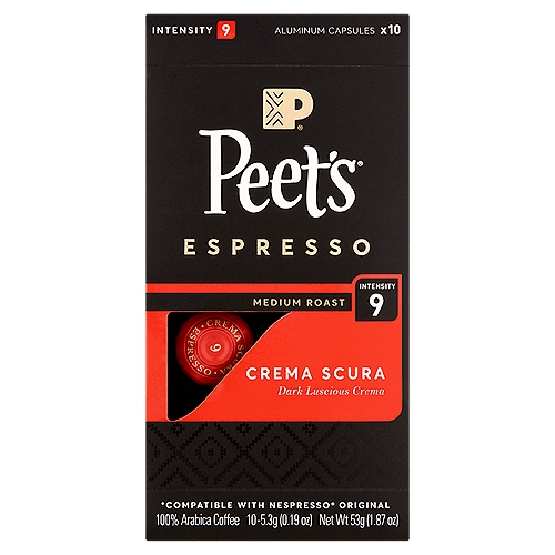 Peet's Medium Roast Crema Scura Espresso Coffee, 0.19 oz, 10 count
100% Arabica Coffee

Inspired by the ''dark crema'' we work to perfect in Peet's coffeebars, this thick and luxurious espresso offers full bodied earthy, nutty notes balanced by a creamy enduring finish.