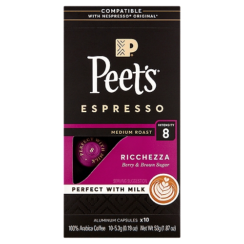 Peet's Medium Roast Ricchezza Espresso Coffee, 0.19 oz, 10 count
100% Arabica Coffee

A plush, complex espresso that slips seamlessly into the malty sweetness of steamed milk. This perfect pairing brings out the silk in its fruity finish, with layers of blossom, berry and brown sugar.