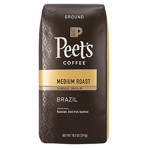Peet's COFFEE Medium Roast Brazil Ground Coffee, 10.5 oz
Brazil
Whole, ripe coffee cherries from the Minas Gerais region sweeten in the Brazilian sun to create a coffee that is smooth and full-bodied.

Freshness You Can Fact Check
Freshly roasted coffee means a more flavorful cup. We print the roast date on each and every bag, so you know you are enjoying the freshest coffee possible.