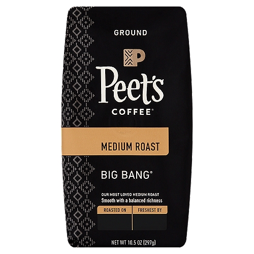 Peet's COFFEE Big Bang Medium Roast Ground Coffee, 10.5 oz
Big Bang®
Some have described Alfred Peet as the ''big bang'' of craft coffee—the one who started it all. Our signature medium roast, featuring Ethiopian Super Natural, is a perfect tribute to Mr. Peet: vibrant, full-flavored, and boldly original.

Freshness You Can Fact Check
Freshly roasted coffee means a more flavorful cup. We print the roast date on each and every bag, so you know you are enjoying the freshest coffee possible.