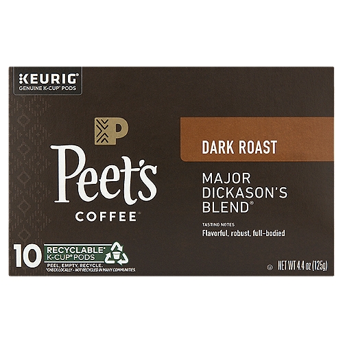 Peet's Coffee Major Dickason's Blend Dark Roast Coffee K-Cup Pods, 0.44 oz, 10 count
Signature Blend Coffees
Alfred Peet was renowned for achieving extraordinary depth through his blends. His secret? Bringing together coffees so exceptional, each could stand on its own. For unparalleled complexity and flavor, dive deep into our signature blends.

Major Dickason's Blend®
Developed by Mr. Peet and his most discerning customer, retired Army Sergeant Key Dickason, Major Dickason's Blend® epitomizes the rich, flavorful taste of Peet's.