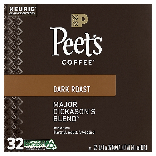 Peet's Coffee Major Dickason's Blend Dark Roast Coffee K-Cup Pods, 0.44 oz, 32 count
The Original Craft Coffee®

Conceived by Mr. Peet and his most discerning customer, Major Dickason's Blend has become the coffee that epitomizes the rich, flavorful taste of Peet's.