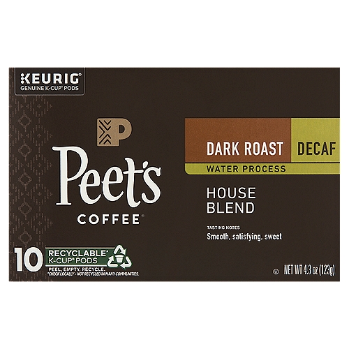 Peet's Coffee House Blend Dark Roast Decaf K-Cup Pods, 0.43 oz, 10 count
Decaf Done Differently
Every Peet's decaf goes through water process decaffeination to remove caffeine—not flavor—before meticulous roasting. By using the same high-quality coffee beans as in our signature blends, we ensure a decaf with so much richness and depth it tastes as good as the real thing.

House Blend
The perfect introduction to our signature style, highlighting Alfred Peet's pioneering of rich, distinctive coffees: strictly high-grown, finest quality, and deeply roasted to maximize flavor.