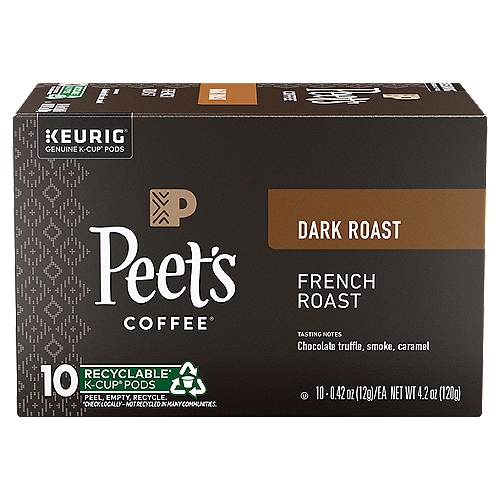 Peet's Coffee French Dark Roast Coffee K-Cup Pods, 0.42 oz, 10 count
French Roast 
The rich coffee character of French Roast comes from a short, intense roast, which not all beans can handle and Peet's has perfected.