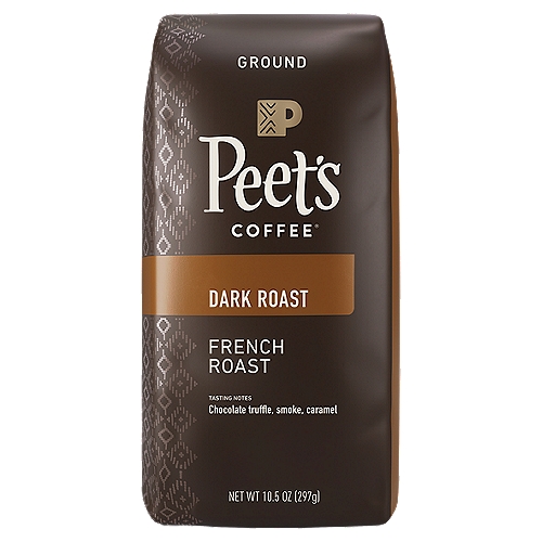 Peet's Coffee Dark French Roast Ground Coffee, 10.5 oz
French Roast
The rich coffee character of French Roast comes from a short, intense roast, which not all beans can handle and Peet's has perfected.

Freshness You Can Fact Check
Freshly roasted coffee means a more flavorful cup. We print the roast date on each and every bag, so you know you are enjoying the freshest coffee possible.
