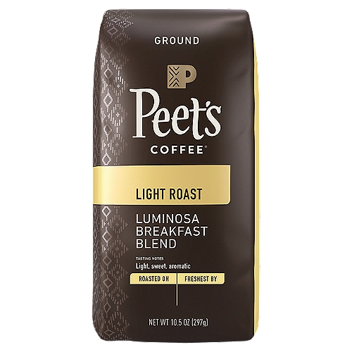 Peet's Coffee Luminosa Breakfast Blend Light Roast Ground Coffee, 10.5 oz
Luminosa Breakfast Blend
Luminosa means ''shining or bright,'' and this blend enlightens the subtle sweetness of Colombia with just the right touch of Ethiopian floral aromatics.

Freshness You Can Fact Check
Freshly roasted coffee means a more flavorful cup. We print the roast date on each and every bag, so you know you are enjoying the freshest coffee possible.