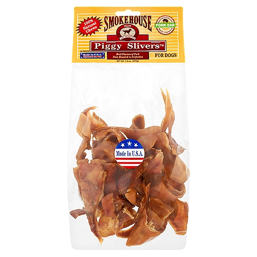 Smokehouse Piggy Slivers Pork Ear for Dogs, 24 count, 7.6 oznSmokehouse Piggy Slivers™ are natural hand cuts that preserve the flavors of the finest quality pork. We naturally enhance their color and flavor by slow roasting them their own natural juices for up to 53 hours. They are 100% natural, and the crunchy texture will help keep your dog teeth clean.