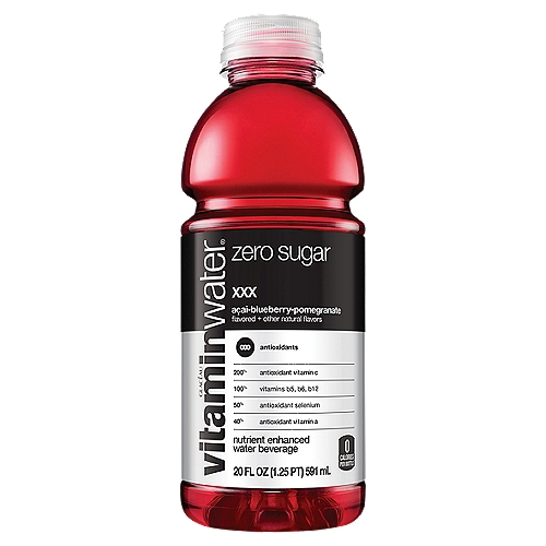 vitaminwater zero sugar xxx Bottle, 20 fl oz
Nutrient Enhanced Water Beverage

The antioxidant selenium helps reduce oxidative stress in your body. so it's soothing like a babbling brook. or maybe a girl named brooke who babbles about really soothing topics. which probably isn't as good as the body of water, or this vitaminwater.

this just in: there's some good news for good people who like good stuff—there's more of it (because we put more in there). you know the bottle of liquid beverage that has a color moment everywhere it goes? yeah, you know the one. 

well, xxx is the same zero sugar acai-blueberry-pomegranate flavored water beverage with vitamins and deliciousness, but now it's a bazillion times more good because of all the nutrient enhancements and its sports-level hydration. and yes, it still has an iconic color moment everywhere it goes (we could never change that). 

okay, okay, let's get to the point. what does this upgrade mean for you? it means vitamins. and electrolytes. and more nutrients. which are all good things. with zero sugar and 0 calories per 20oz bottle. 

it also means this vitaminwater xxx has three types of antioxidants to help fight free radicals: vitamin A, vitamin C and selenium.

and that's bad news for the people who like bad stuff. 

so, make sure to pick up a pack if you're a do-gooder or a good stuff appreciator or a color icon, just like us.

• great taste. more nutrients. zero sugar. win win win.
• zero sugar vitamin and nutrient-enhanced water beverage with electrolytes and other good stuff
• with three types of antioxidants to help fight free radicals: vitamin a, vitamin c and selenium
• plus a great source of vitamin b5, vitamin b6, and vitamin b12
• the delicious taste of açai-blueberry-pomegranate flavor with other natural flavors
• get a 20oz fl oz bottle of vitaminwater zero sugar xxx, 0 calories each