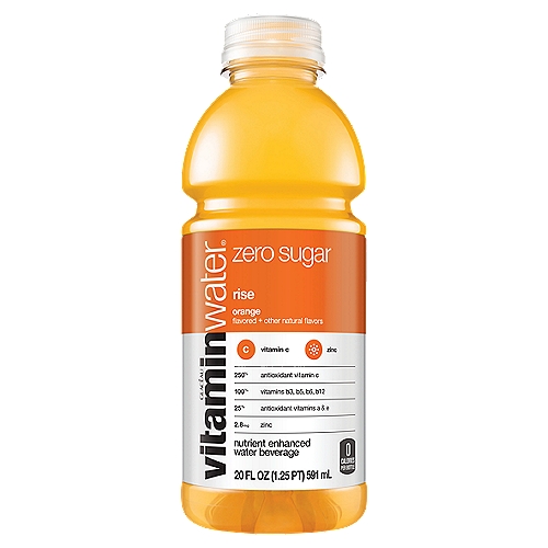 vitaminwater zero sugar rise Bottle, 20 fl oz
Nutrient Enhanced Water Beverage

We zinc you made ze right call grabbing one of zeez. juzt zayin, with all ze zinc and vitamin c'z in ziz bottle for immune zyztem zupport, you could ztart zome kind of... okay you get it. zere's zinc.

If you read that in a silly, inaccurate accent, we can be friends.

this just in: there's some good news for good people who like good stuff—there's more of it (because we put more in there). you know the bottle of liquid beverage that has a color moment everywhere it goes? yeah, you know the one. 

well, rise is the same zero sugar orange flavored water beverage with vitamins and deliciousness, but now it's a bazillion times more good because of all the nutrient enhancements and its sports-level hydration. and yes, it still has an iconic color moment everywhere it goes (we could never change that). 

okay, okay, let's get to the point. what does this upgrade mean for you? it means vitamins. and electrolytes. and more nutrients. which are all good things. with zero sugar and 0 calories per 20oz bottle. 

it also means this vitaminwater zero sugar rise has 250% vitamin c and 25% zinc to support normal immune function.

and that's bad news for the people who like bad stuff. 

so, make sure to pick up a pack if you're a do-gooder or a good stuff appreciator or a color icon, just like us.

• great taste. more nutrients. zero sugar. win win win.
• zero sugar vitamin and nutrient-enhanced water beverage with electrolytes and other good stuff
• with 250% vitamin c and 25% zinc to support normal immune function
• plus a great source of vitamin b5, vitamin b6, and vitamin b12
• the delicious taste of orange flavor with other natural flavors
• get a 20 fl oz bottle of vitaminwater zero sugar rise, 0 calories each