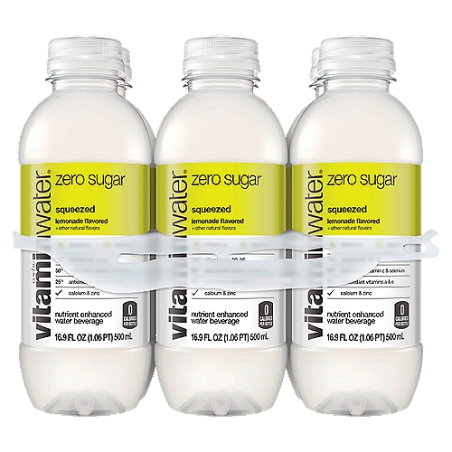 Glacéau Vitamin Water Zero Sugar Squeezed Bottles, 16.9 fl oz, 6 Pack
Nutrients Enhanced Water Beverage

Vitamins a & e, zinc, selenium and calcium unite. Delicious lemonade flavored drink by day, crime fighting vitamin and mineral squad by night. It's the superhero movie the world needs right now.

Just think of the merchandising opportunities...

this just in: there's some good news for good people who like good stuff—there's more of it (because we put more in there). you know the bottle of liquid beverage that has a color moment everywhere it goes? yeah, you know the one. 

well, squeezed is the same zero sugar lemonade flavored water beverage with vitamins and deliciousness, but now it's a bazillion times more good because of all the nutrient enhancements and its sports-level hydration. and yes, it still has an iconic color moment everywhere it goes (we could never change that). 

okay, okay, let's get to the point. what does this upgrade mean for you? it means vitamins. and electrolytes. and more nutrients. which are all good things. with zero sugar and 0 calories per 16.9oz bottle. 

it also means this vitamin water zero sugar squeezed has a good source of 7 vitamins and 2 minerals, including: vitamin a, vitamins b3, b5 and b6, vitamin c, vitamin e, antioxidant selenium, biotin and zinc.

and that's bad news for the people who like bad stuff. 

so, make sure to pick up a pack if you're a do-gooder or a good stuff appreciator or a color icon, just like us.

• great taste. more nutrients. zero sugar. win win win.
• zero sugar vitamin and nutrient-enhanced water beverage with electrolytes and other good stuff
• a good source of 7 vitamins and 2 minerals, including: vitamin a, vitamins b3, b5, and b6, vitamin c, vitamin e, antioxidant selenium, biotin and zinc
• the delicious taste of lemonade flavor with other natural flavors
• get six 16.9 fl oz bottles of vitamin water zero sugar squeezed, 0 calories each