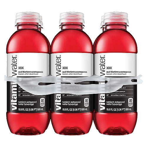 Glacéau Vitaminwater XXX, açai-blueberry-pomegranate Bottles, 16.9 fl oz, 6 Pack
Nutrient Enhanced Water Beverage

xxx faqs... answered:
- didn't do naughty movies in college. Don't bother searching.
- doesn't do anything for you... down there.
- *does* mean it has three key antioxidants (selenium, vitamin a & vitamin c).
We good?

this just in: there's some good news for good people who like good stuff—there's more of it (because we put more in there). you know the bottle of liquid beverage that has a color moment everywhere it goes? yeah, you know the one. 

well, xxx is the same acai-blueberry-pomegranate flavored water beverage with vitamins and deliciousness, but now it's a bazillion times more good because of all the nutrient enhancements and its sports-level hydration. and yes, it still has an iconic color moment everywhere it goes (we could never change that). 

okay, okay, let's get to the point. what does this upgrade mean for you? it means vitamins. and electrolytes. and more nutrients. which are all good things. with 80 calories per 16.9oz bottle. 

it also means this vitaminwater xxx has three types of antioxidants to help fight free radicals: vitamin A, vitamin C and selenium.

and that's bad news for the people who like bad stuff. 

so, make sure to pick up a pack if you're a do-gooder or a good stuff appreciator or a color icon, just like us.

• great taste. more nutrients. win win.
• vitamin and nutrient-enhanced water beverage with electrolytes and other good stuff
• with three types of antioxidants to help fight free radicals: vitamin a, vitamin c and selenium
• plus a great source of vitamin b5, vitamin b6, and vitamin b12
• the delicious taste of açai-blueberry-pomegranate flavor with other natural flavors
• get six 16.9 fl oz bottles of vitaminwater xxx, 80 calories each