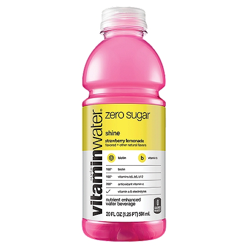 vitaminwater zero sugar shine Bottle, 20 fl oz
Nutrient Enhanced Water Beverage

Contains skin-supporting biotin. Also known as vitamin B7. What's with the alias, biotin? Or are you going by vitamin B7? What else are you hiding, biotin? A secret family? (I'm watching you gesture, with the fingers pointing to the eyes)

this just in: there's some good news for good people who like good stuff—there's more of it (because we put more in there). you know the bottle of liquid beverage that has a color moment everywhere it goes? yeah, you know the one. 

well, shine is the same zero sugar strawberry lemonade flavored water beverage with vitamins and deliciousness, but now it's a bazillion times more good because of all the nutrient enhancements and its sports-level hydration. and yes, it still has an iconic color moment everywhere it goes (we could never change that). 

okay, okay, let's get to the point. what does this upgrade mean for you? it means vitamins. and electrolytes. and more nutrients. which are all good things. with zero sugar and 0 calories per 20oz bottle. 

it also means this vitaminwater zero sugar shine has biotin and vitamin a to help support normal hair and skin health.

and that's bad news for the people who like bad stuff. 

so, make sure to pick up a pack if you're a do-gooder or a good stuff appreciator or a color icon, just like us.

• great taste. more nutrients. zero sugar. win win win.
• zero sugar vitamin and nutrient-enhanced water beverage with electrolytes and other good stuff
• with biotin and vitamin a to help support normal hair and skin health
• plus a great source of vitamin b5, vitamin b6, and vitamin b12
• the delicious taste of strawberry lemonade flavor with other natural flavors
• get a 20 fl oz bottle of vitaminwater zero sugar shine, 0 calories each