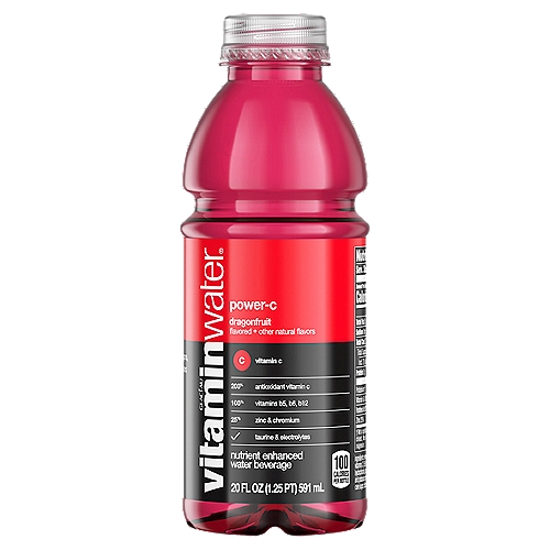 vitaminwater power-c, dragonfruit Bottle, 20 fl oz
Nutrient Enhanced Water Beverage

It used to be - prince slays the dragon and gets to save the princess.

But it's 2021 so now it's slay the dragonfruit flavored vitaminwater and get the vitamin c.

this just in: there's some good news for good people who like good stuff—there's more of it (because we put more in there). you know the bottle of liquid beverage that has a color
moment everywhere it goes? yeah, you know the one.

well, power-c is the same dragon fruit  flavored water beverage with vitamins and
deliciousness, but now it's a bazillion times more good because of all the nutrient enhancements and its sports-level hydration. and yes, it still has an iconic color moment everywhere it goes (we could never change that).

okay, okay, let's get to the point. what does this upgrade mean for you? it means vitamins. and electrolytes. and more nutrients. which are all good things. with 100 calories per 20oz bottle. 

it also means this vitaminwater power-c has 200% daily value of vitamin c, and 25% daily value of zinc and taurine.

and that's bad news for the people who like bad stuff.

so, make sure to pick up a pack if you're a do-gooder or a good stuff appreciator or a color icon, just like us.

• great taste. more nutrients. win win.
• vitamin and nutrient-enhanced water beverage with electrolytes and other good stuff
• with 200% daily value of vitamin c, 25% daily value of zinc and taurine
• plus a great source of vitamin b5, vitamin b6, and vitamin b12
• the delicious taste of dragonfruit flavor with other natural flavors
• get a 20 fl oz bottle of vitaminwater power-c, 100 calories each