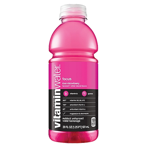 Glacéau Vitaminwater focus Bottle, 20 fl oz
Nutrient Enhanced Water Beverage

Attention spans are shrinking by the minute. No one focuses anymore. Ever do that thing where you close an app, then open the same app because you forgot you just closed it? How did we get here? We just wanted to see a cute dog vid and now we're locked into this thing. Anyhoo, enjoy this bottle of focus, maybe it'll help with the doggos.

this just in: there's some good news for good people who like good stuff—there's more of it (because we put more in there). you know the bottle of liquid beverage that has a color moment everywhere it goes? yeah, you know the one. 

well, focus is the same kiwi strawberry flavored water beverage with vitamins and deliciousness, but now it's a bazillion times more good because of all the nutrient enhancements and its sports-level hydration. and yes, it still has an iconic color moment everywhere it goes (we could never change that). 

okay, okay, let's get to the point. what does this upgrade mean for you? it means vitamins. and electrolytes. and more nutrients. which are all good things. with 100 calories per 20oz bottle. 

it also means this vitaminwater focus has 300% daily value of vitamins b5, b6 and b12 and guarana to support normal neurological function.

and that's bad news for the people who like bad stuff. 

so, make sure to pick up a pack if you're a do-gooder or a good stuff appreciator or a color icon, just like us.

• great taste. more nutrients. win win.
• vitamin and nutrient-enhanced water beverage with electrolytes and other good stuff
• with 300% daily value of vitamin b5, b6, and b12 and guarana to support normal neurological function
• the delicious taste of kiwi strawberry flavor with other natural flavors
• get a 20 fl oz bottle of vitaminwater focus, 100 calories each